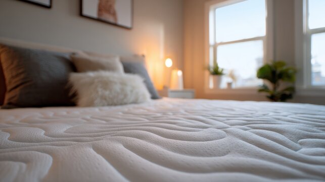 Stunning photo of A comfortable, clean bed with a soft mattress in a bright bedroom. Ideal for.