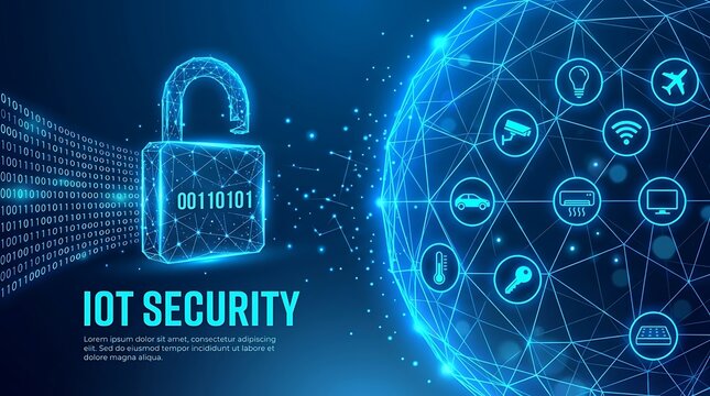 Io T security concept with padlock and connected devices on a blue background IoT security network cybersecurity