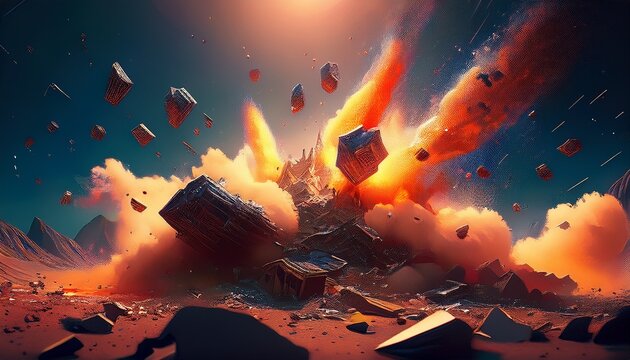 flying debris with dust rocks explosion scattered