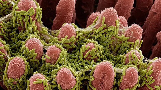 Bacteria, colonizing a host cellular structure, demonstrating microscopic biological interaction, scientific research, health, medical discovery, pathogen, infection, vital process, microbiology.