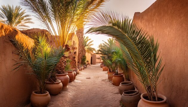 quiet traditional lane with adobe walls palm fronds and clay vessels warm daylight and soft dust create a timeless feel