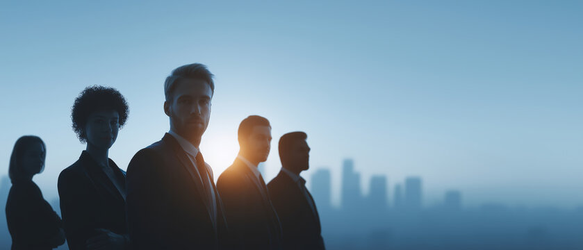 Diverse Professionals Silhouetted Against City Skyline at Sunrise
