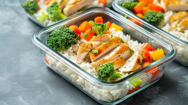 Healthy meal prep containers with grilled chicken, rice and colorful vegetables in glass boxes, balanced high protein lunches ready for the week