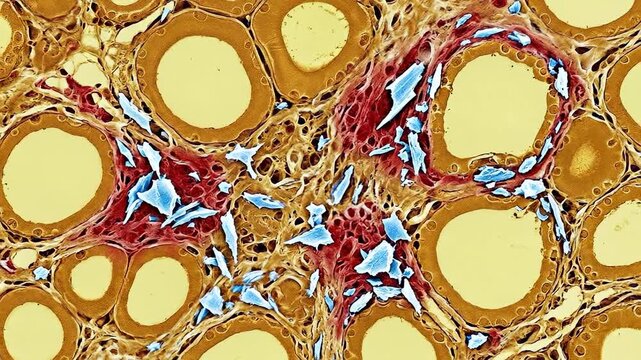 Microscopic biological tissue showing the harmful danger of plastic, demonstrating microplastic accumulation within cell structure, causing health impact and environmental risk.