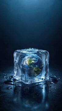 Earth melting inside an ice cube on dark blue background
