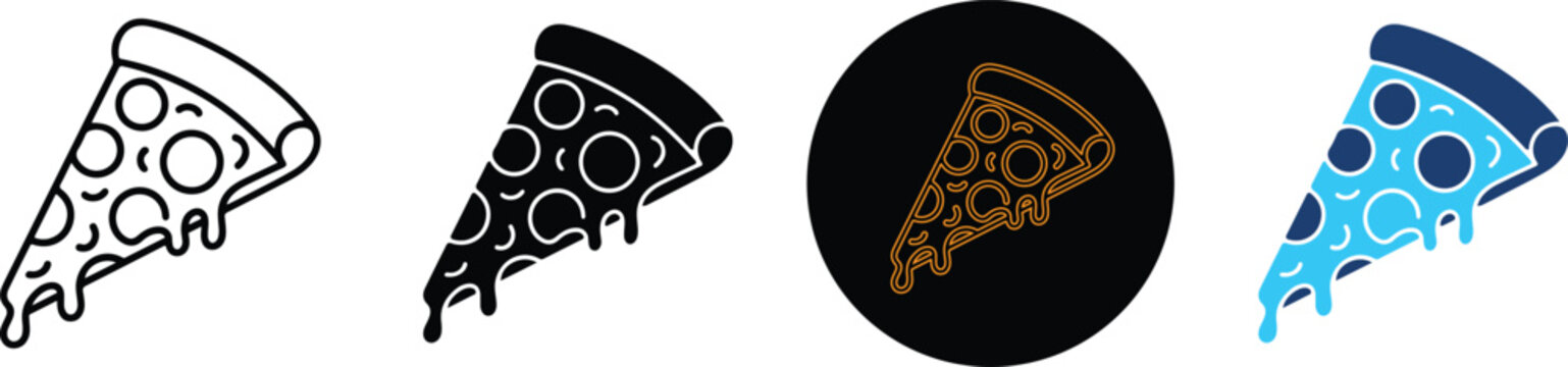Four distinct graphic style icons of delicious pepperoni pizza slices