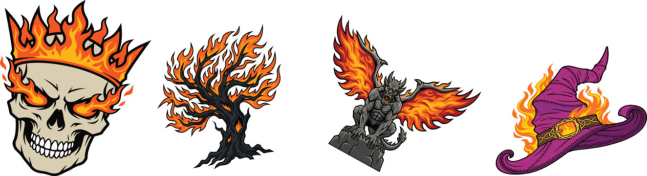 Flaming Halloween skull tree gargoyle witch hat vector illustration collection set