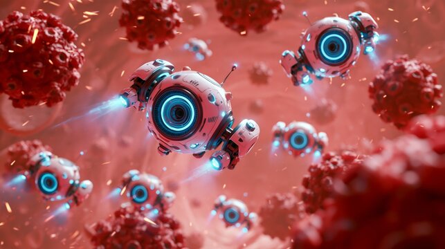 Advanced medical nanobots combating harmful viruses inside the bloodstream, futuristic microscopic healthcare technology in a realistic biological environment.