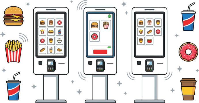 Self service fast food ordering kiosk vector set with digital touch screens payment terminals burger and fries