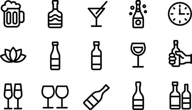 Alcohol, beverage line icon set, wine, beer, cocktail icons, bar symbols, restaurant menu, pub branding, hospitality, drinks, celebration, entertainment, beverages.