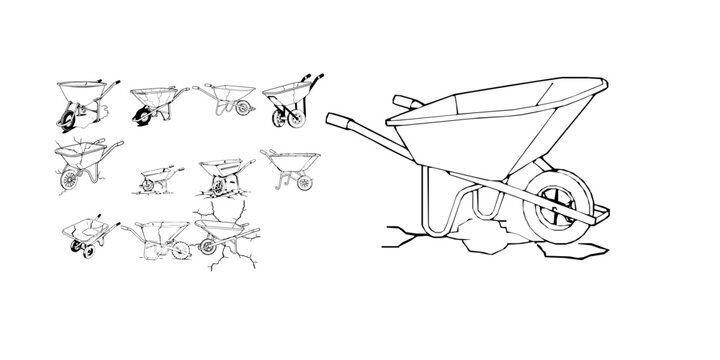 Wheelbarrow Cracked Uniform Line Weight Damaged Garden Tool Outline
