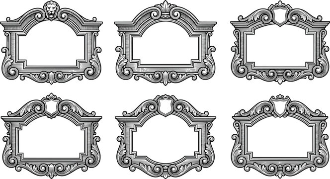 Set of vintage ornate frames with lion head and shield elements, decorative baroque style borders for invitations and certificates transparent background