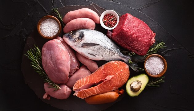 carnivore diet or low carb diet background concept raw animal meat products beef minced pork and sausages chicken with dorado fish and salmon high protein top view close up
