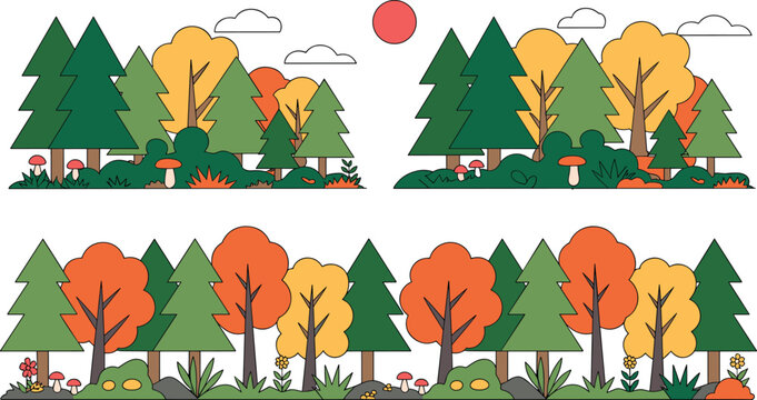 Flat style autumn forest borders set with colorful trees pine mushrooms and clouds isolated on white background vector landscape elements