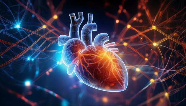 illuminating cardiovascular complexity light connections highlight the heart s structure showcasing intricate veins and arteries integrating modern technologies and medicine