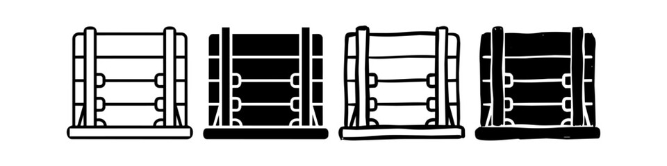 Boxing and wrestling ring icon set in clean line art, solid black, and hand-drawn doodle styles. Sports arena symbols for competition, fighting, and match events. © Nort Kor