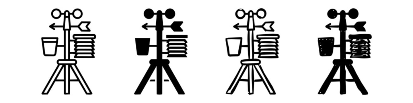 Set of four weather station icons in various styles: outline, solid silhouette, and hand-drawn doodles. Features anemometer, wind vane, rain gauge, and thermometer on a tripod base.