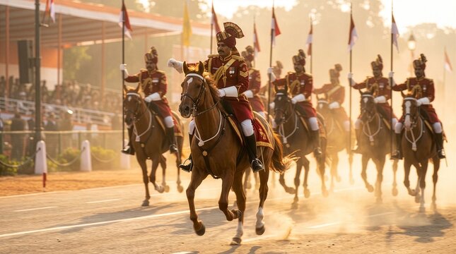 Cavalry soldiers riding horses in ceremonial uniforms during a formal parade procession at golden hour with dusty atmosphere with captured warm golden light dust rising