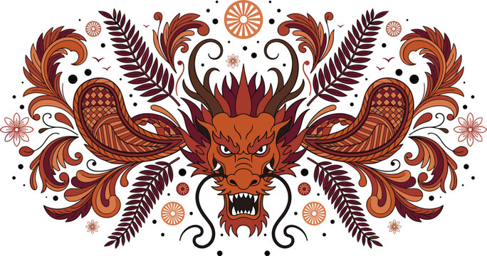 Symmetrical asian dragon head vector illustration surrounded by ornamental paisley baroque flourishes floral elements and detailed botanical fern leaves,