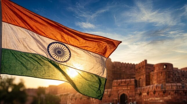 Indian national flag waving proudly against a majestic ancient red sandstone fort at sunset during a bright golden hour celebration of national pride