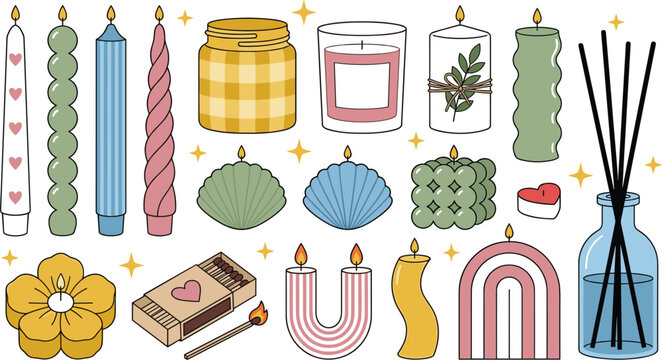 Trendy home decor vector bundle with modern soy candles reed diffuser glass jars and matching box isolated on white