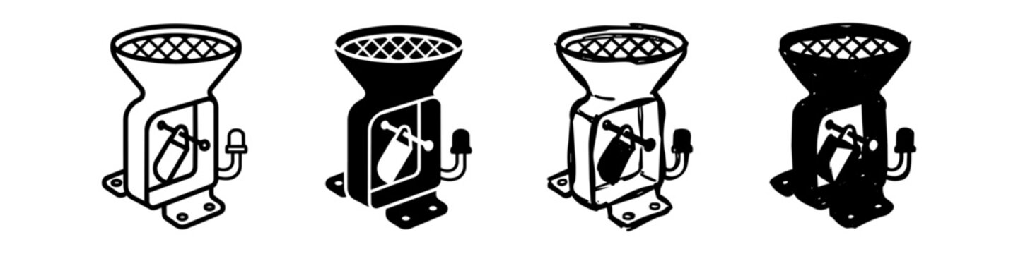Set of industrial dispenser icons with safety lock mechanism in outline, solid, and hand-drawn styles on white background.