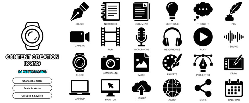 content creation flat icon set vector digital media solid glyph isolated video blog web ui sign element