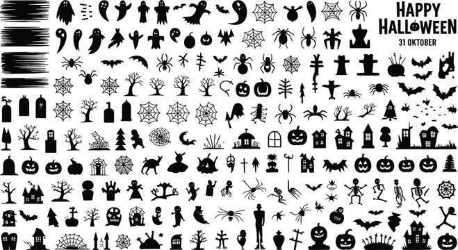Large Halloween silhouette mega set with spooky ghosts pumpkins bats spiders spiderwebs creepy trees skeletons gravestones and haunted houses vector