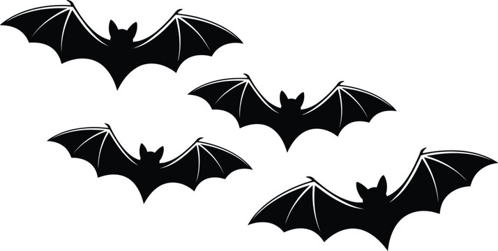 Flying black bats silhouette set with wings spread for spooky gothic halloween decorative background element vector