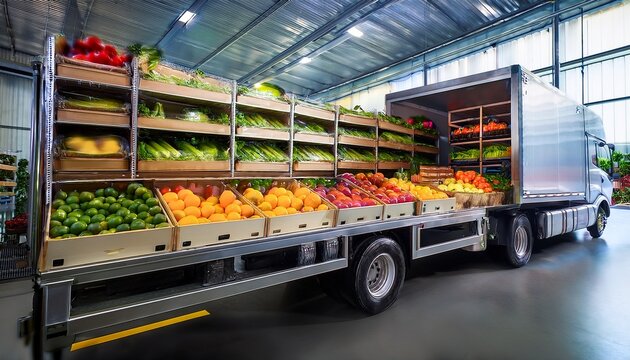 refrigerated truck trailer displays bountiful fresh fruits vegetables inside modern warehouse emphasizes efficient food logistics cold chain delivery produce distribution promotes healthy