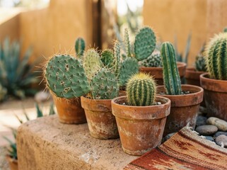Obraz premium Potted cacti on a clay wall in a desert garden. Succulent plant collection in terracotta clay pots. Southwest summer decor style with arid nature landscaping design in sunny weather.