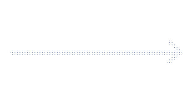 Horizontal arrow symbol made of blue dots on transparent background for direction.