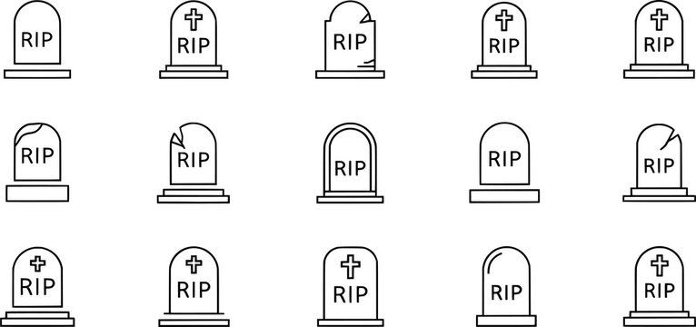 Black and white gravestone RIP icon set, tombstone memorial symbol collection, funeral vector artwork, minimal graphic illustration style