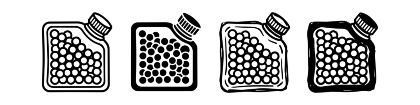 Set of black and white icons representing containers filled with airsoft BB pellets or paintballs in various graphic styles, from clean vector to hand-drawn sketches.