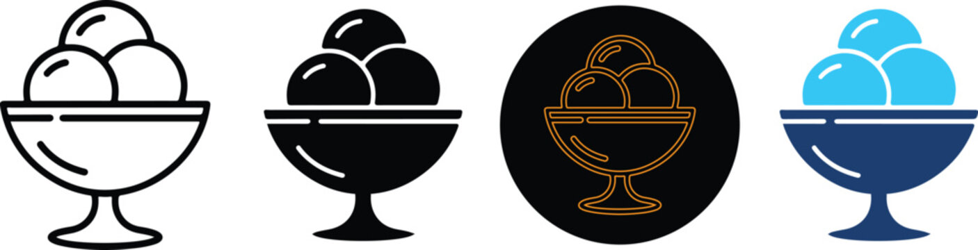 Four Distinctive Ice Cream Sundae Bowl Icons In Different Styles