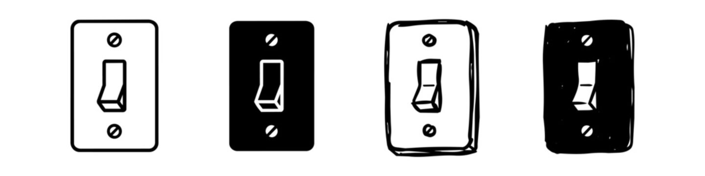 Vector set of four light switch icons featuring outline, solid, and hand-drawn sketch styles.