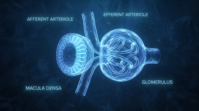A detailed illustration of a nephron showing the afferent arteriole, efferent arteriole, macula densa, and glomerulus.