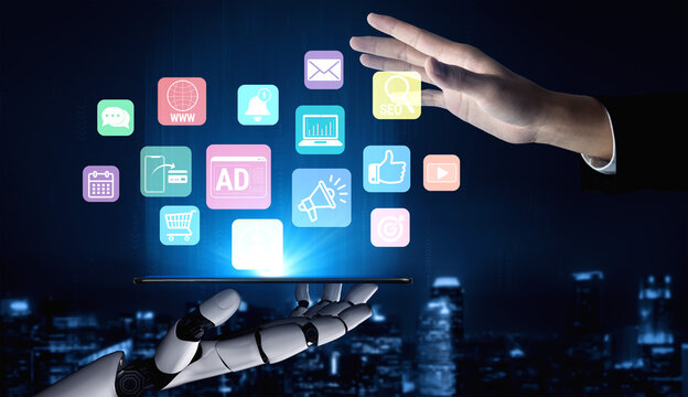 Futuristic Interaction Between Human Hand and Robot Hand with Floating Digital Icons Representing Technology and Communication Concepts Fluxor.