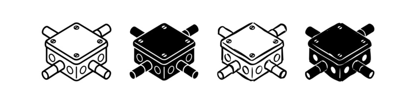 Four isometric electrical junction box icons in line and solid styles. Ideal for technical diagrams, construction plans, and wiring layouts.