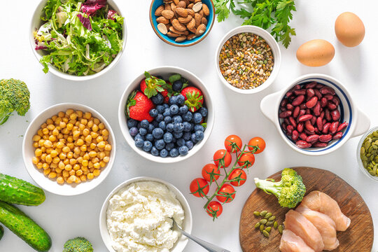 Healthy diet food ingredients flat lay background