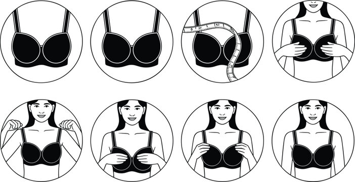 Bra fitting guide vector icon set with instructions on how to measure wear and adjust brassiere isolated on white background 