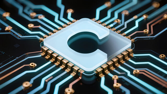 Minimalist futuristic circuit board with glowing blue tracks forming a C-shape on frosted glass microchip