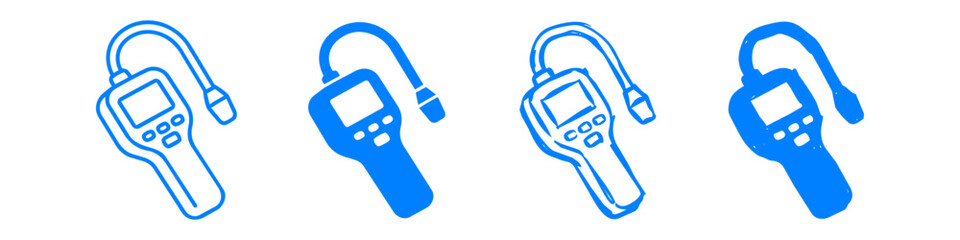 Set of blue digital endoscope icons for industrial inspection and mechanical diagnostics, featuring flexible probes and handheld display units on a white background. © Nort Kor