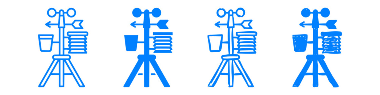 Blue hand-drawn icons of a portable weather station on a tripod, featuring an anemometer and wind vane in four stylistic variations.