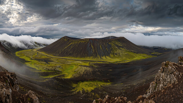 Epic landscape of a dramatic volcanic crater with a massive C-shaped ridge and green moss textures