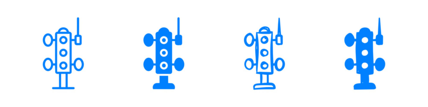 Blue hand-drawn icons of drag racing start light towers in outline and solid styles. Perfect for racing and automotive themes.