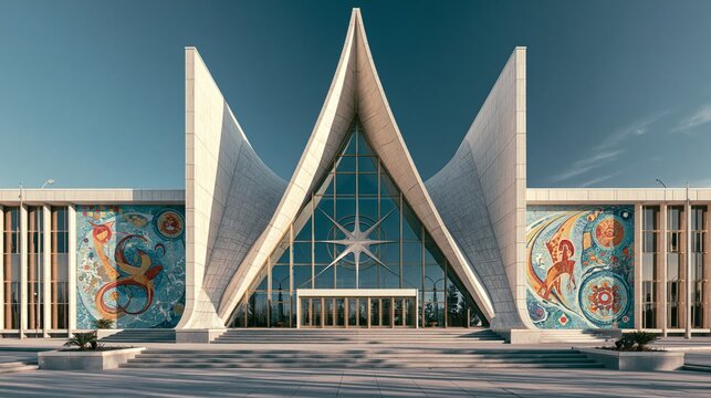 Panoramic exterior of a retro futurist city hall with a hyperbolic roof and mosaic murals, reflecting civic pride and optimistic Space Age design