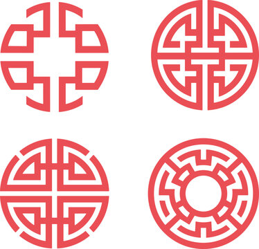 Traditional Chinese circular pattern vector set with red oriental longevity and luck symbols isolated on white background 
