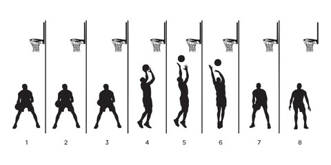 Step by step basketball shooting technique illustration with player silhouettes and game scoring net. © MdNasir