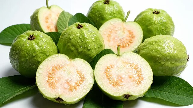Fresh green guavas whole and halved on white surface.